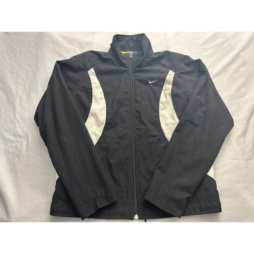 Nike Womens Vintage Windbreaker Jacket Black White Mesh Lined Full Zip M Y2K